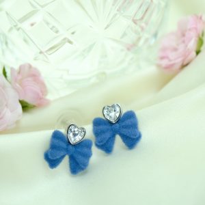 Blue Velvet Bow Heart Stud Earrings
